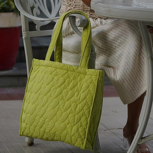 SKAPADORO Quilted Cotton Tote Bag, Multipurpose Hand Bag for Women, Girls For Shopping Travel College, Office, Everyday Use Shoulder Bag, Washable & Eco-friendly - Blue & Green Design