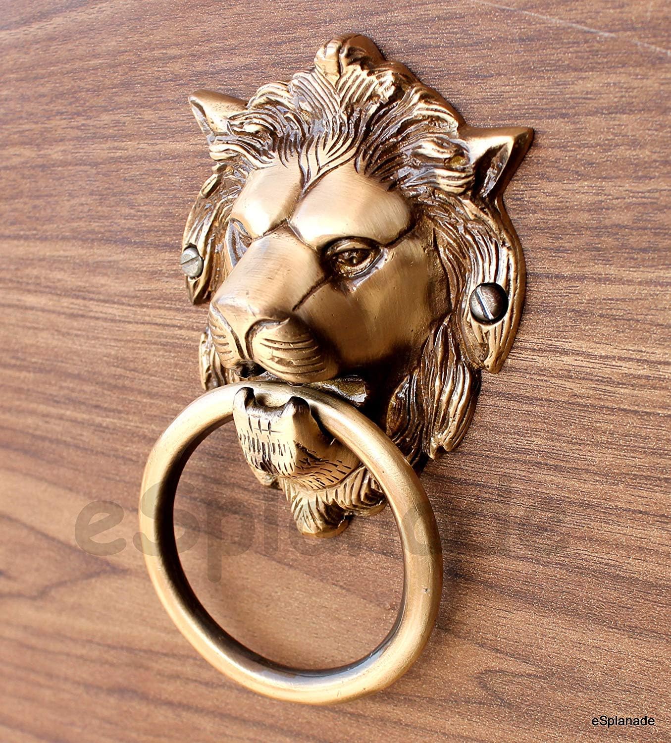 eSplanade Brass Lion Face Mouth Door Knocker, Door Accessories, Gate Knocker