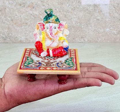 eSplanade Marble Chowki with Ganesh Ganesha Ganpati Murti Idol Statue Sculpture | Pooja Idols | Home Decor - Small Size