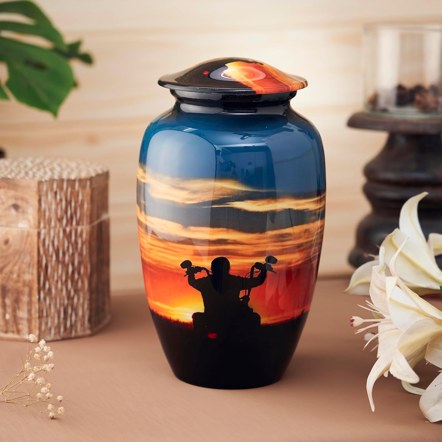 Esplanade Metal Urn for Ashes Adult Male Female – 10" Cremation Urn for Human Ashes, Full Size Large Urn, Sunset Orange Blue ERN with Bike, Funeral Vase with Velvet Bag - for 80kg Adult