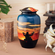 Esplanade Metal Urn for Ashes Adult Male Female – 10" Cremation Urn for Human Ashes, Full Size Large Urn, Sunset Orange Blue ERN with Bike, Funeral Vase with Velvet Bag - for 80kg Adult