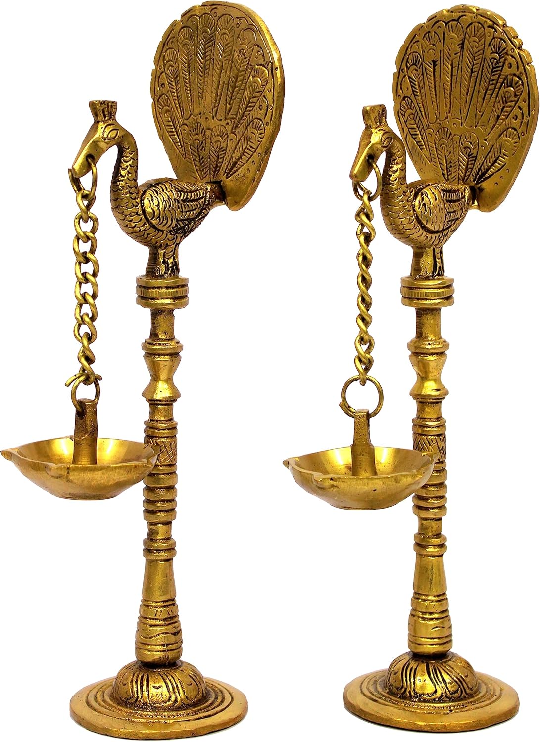 eSplanade Brass Peacock Diya Pair Oil Lamp Diya Deepam Kuthu Vilakku (Set of 2) for Temple Home | Pooja Articles - Home Decor | Golden - 9" Inches