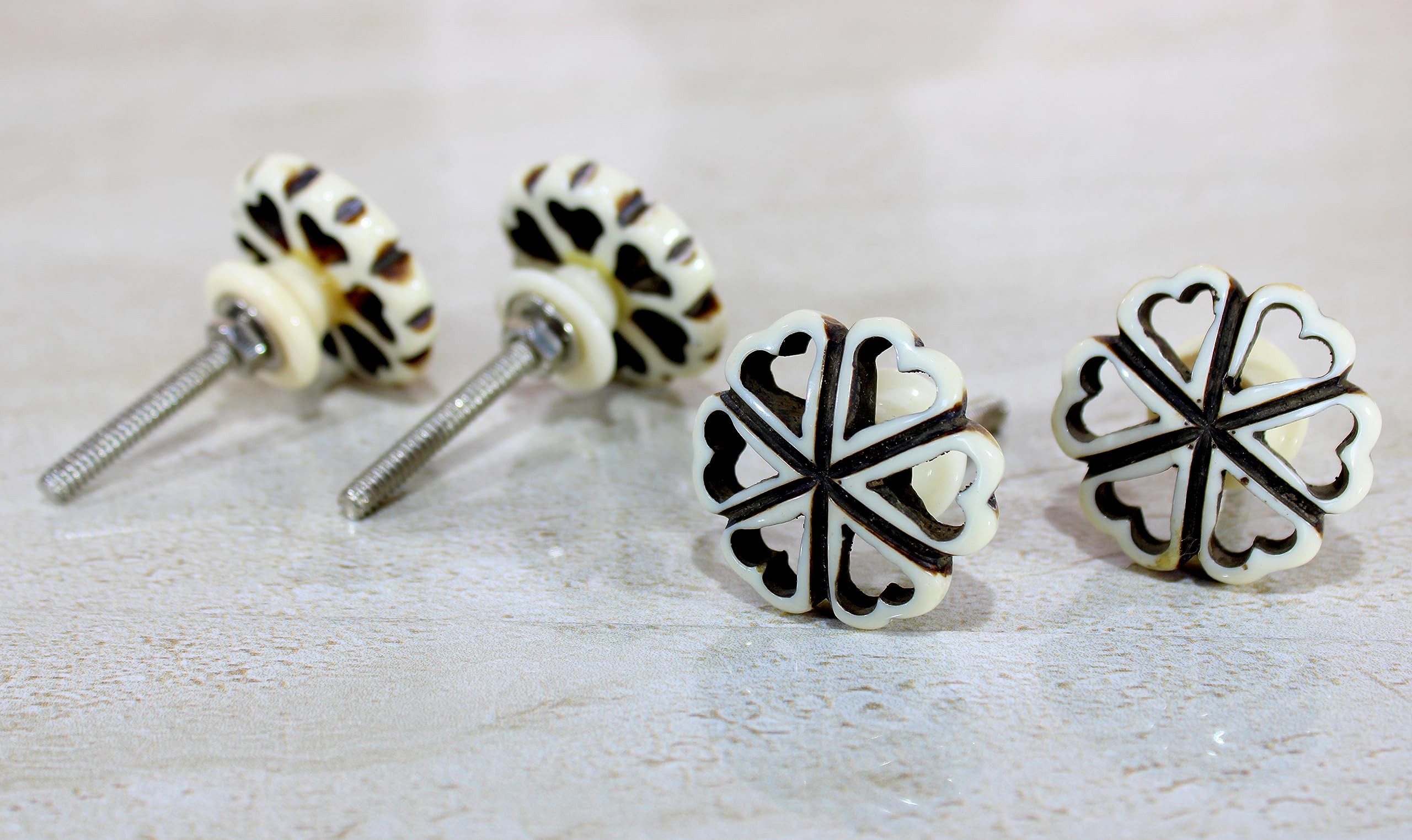 eSplanade Cupboard Cabinet Door Decorative Knobs - Set of 4 | Drawer Handles Cupboard Pulls Almirah Hooks | Round-Floral - Acrylic Plastic - Diameter 4 cms - White-Black (Floral Knob 1-12)