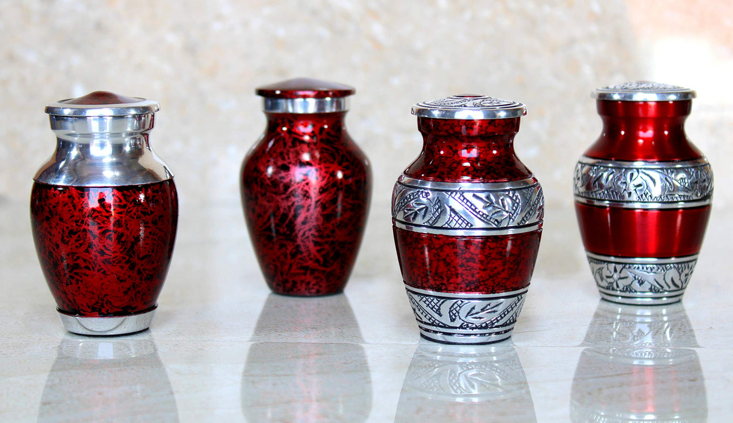 eSplanade Metal Mini Cremation Urn Keepsake Memorial Jar Pot Container - Set of 4 | Small Urns for Funeral Ashes Burial | Engraved and Textured Keepsakes | Red - 3" Inches