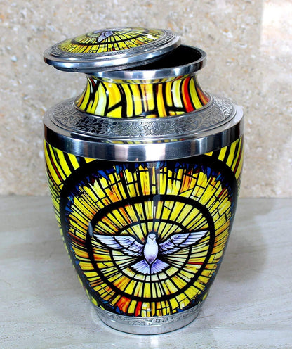 eSplanade Metal Cremation Urn Memorial Jar Pot Container | Full Size Urn for Funeral Ashes Burial | White Pigeon Print | Yellow-Multi - 10" Inches