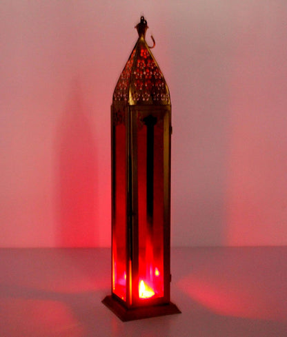 eSplanade Moroccan Lantern Hanging Lamp Tealight Candle Holder - Metal-Glass - Red-Golden - 17" Inches