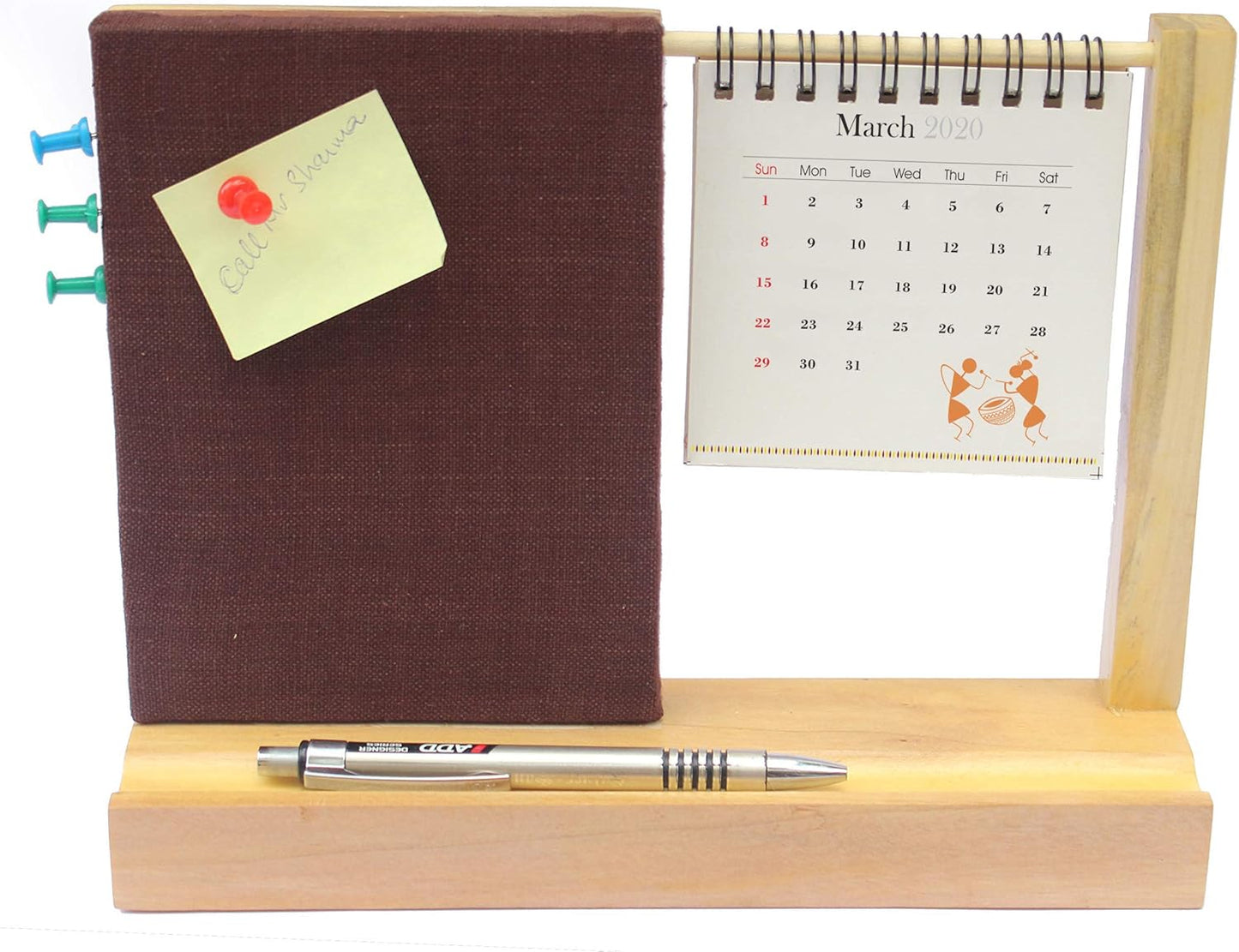 IVEI Warli Utility Desk Calendar with a Dark Brown pinboard - Desk Organizer - Office Calendar (Dark Brown)