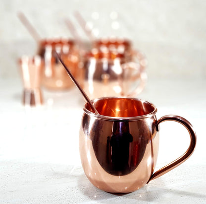 eSplanade Moscow Mule Cocktail Copper Mugs - Set of 4 Mugs, 4 Copper Straws, and a Peg Measurer (HAMMERED BRASS HANDLE)