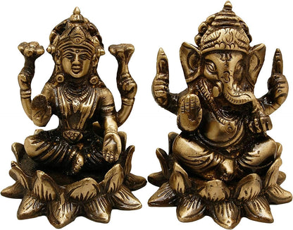 3" Brass Laxmi Ganesh Idol On Lotus Set