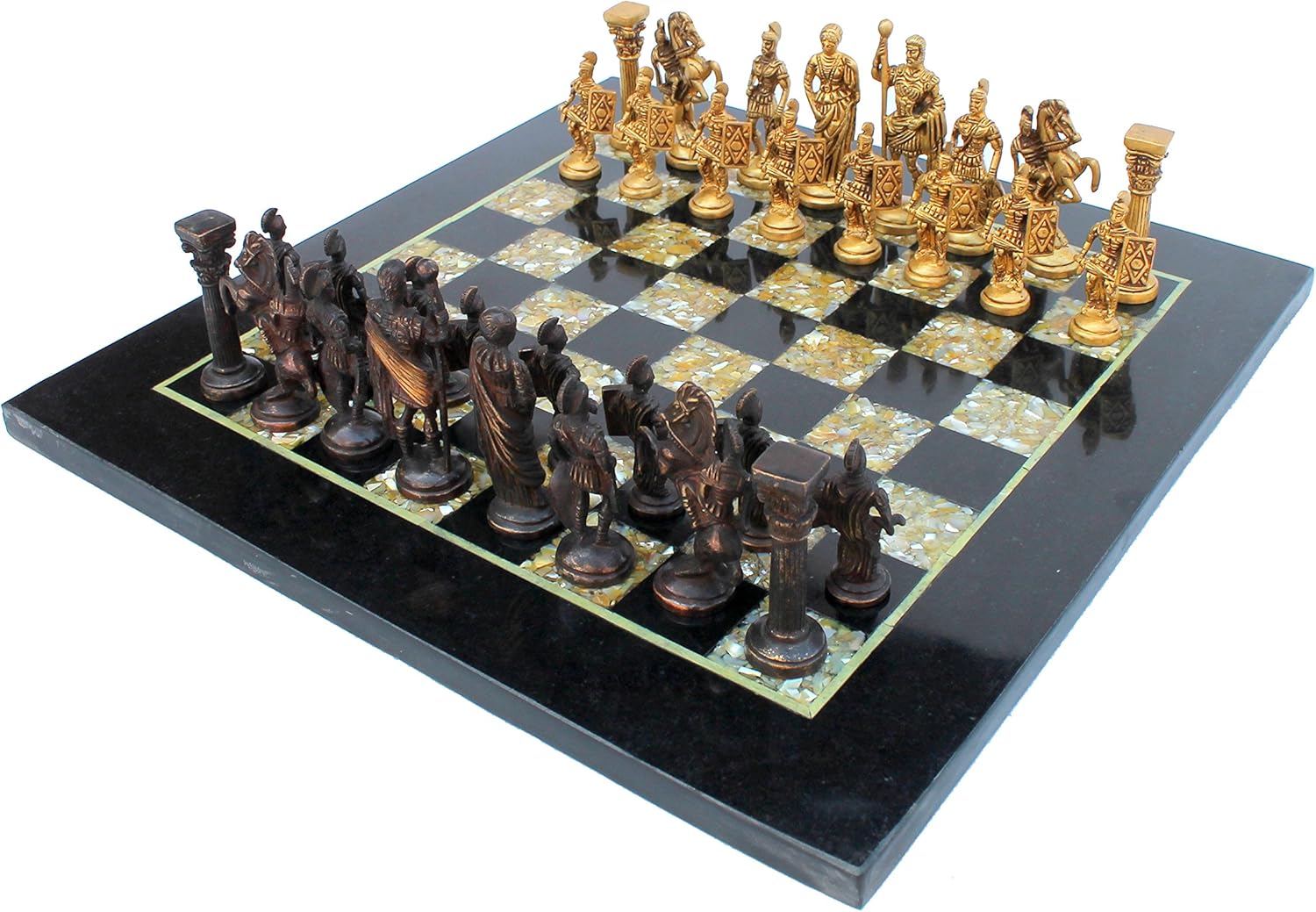 StonKraft Collectiblck e Black Marble & (MOP) Mother of Pearl Chess Board Set + Brass Chess Pieces - Decorative Stone Chess - Home Decor - 15" Inches