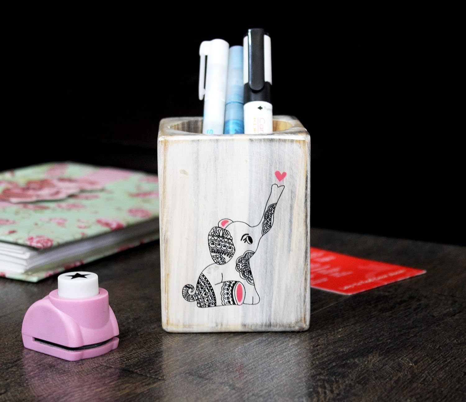 IVEI Wooden Rectangular Pen Stand - Elephant Doodle Pen/Pencil Holder - Minimalistic Office Desk Organizer - Wooden Stationery Holder for Office and Study Table - Unique Budget Gifts