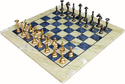 StonKraft Collectible Australian Marble and Lapis Lazuli Chess Board Set + Brass Chess Pieces Pawns - Decorative Stone Chess - 15" Inches