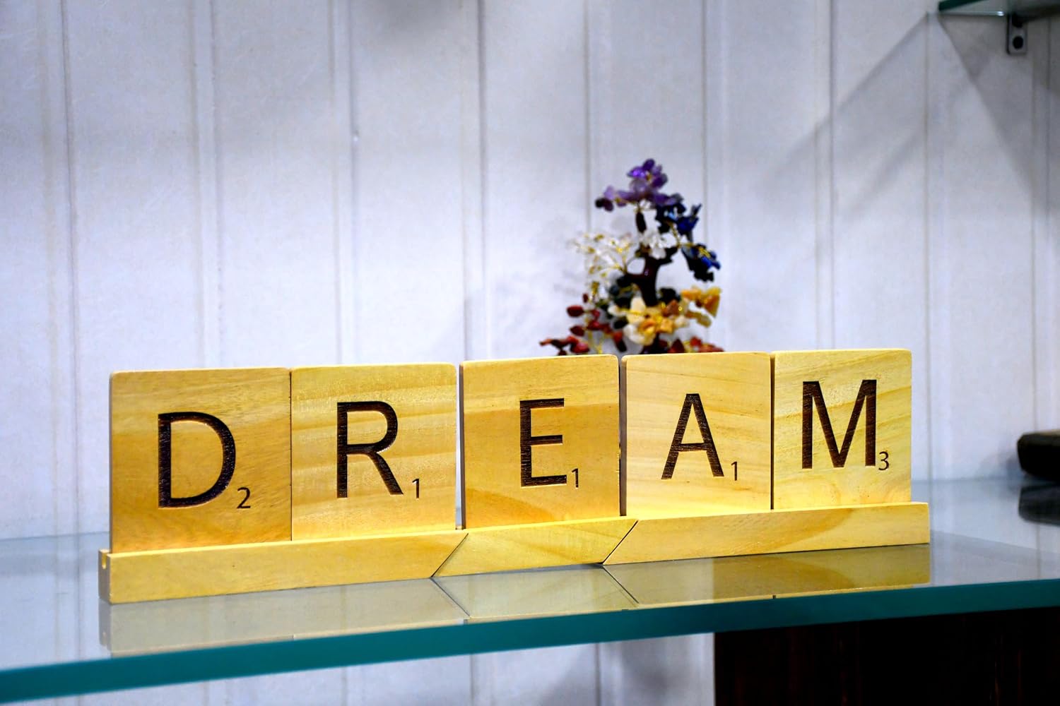 Esplanade Wooden Letter Tiles - DREAM HOME Office Table Decoration Items - Word Block | Scrabble-Inspired Showpieces for Home Decor, Motivational Sign, Interchangeable Letters