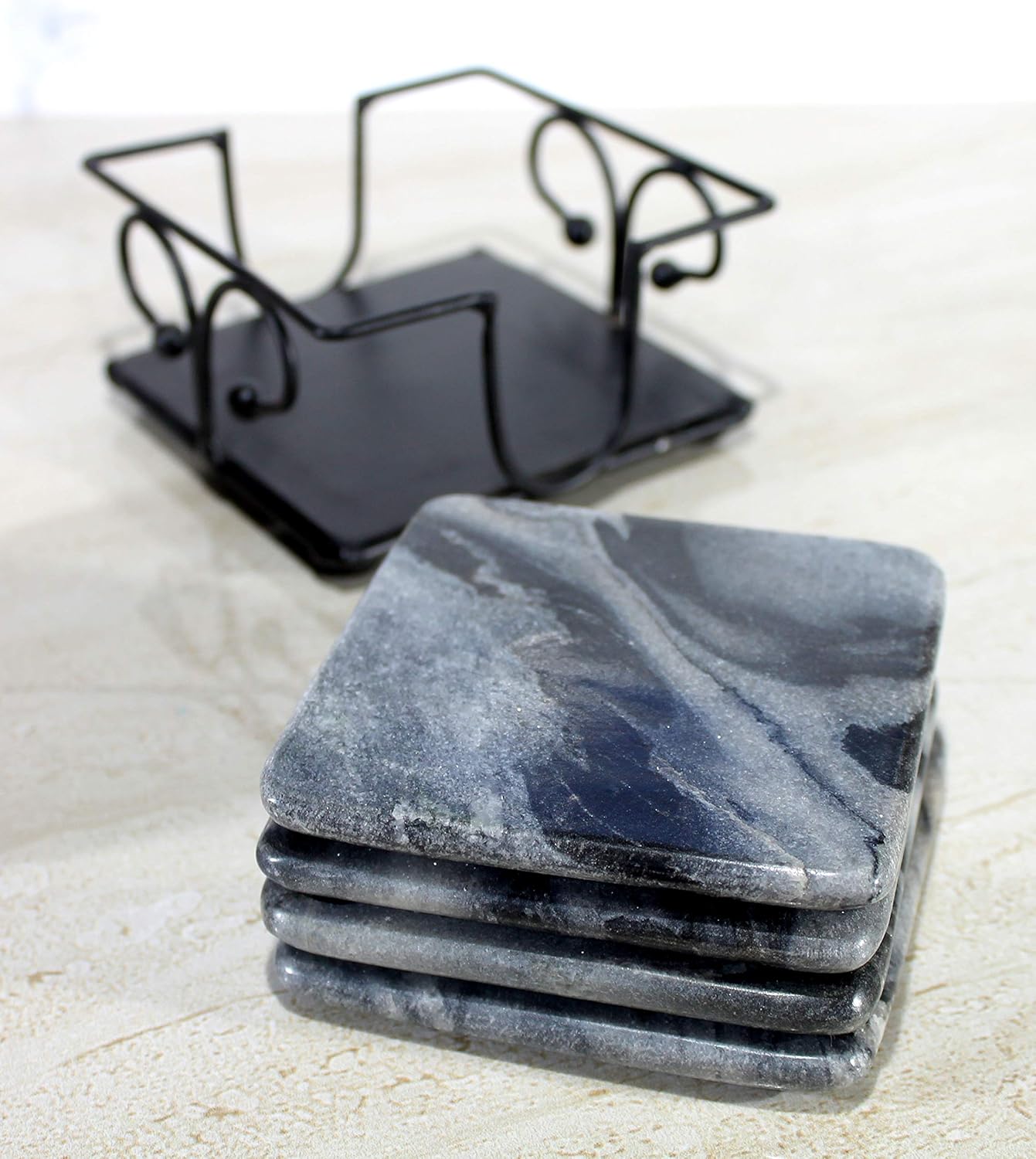 KLEO Sand Stone Tea Coffee Coasters Coaster Set Coasters with Wrought Iron Holder (Square) (Sand Colour)