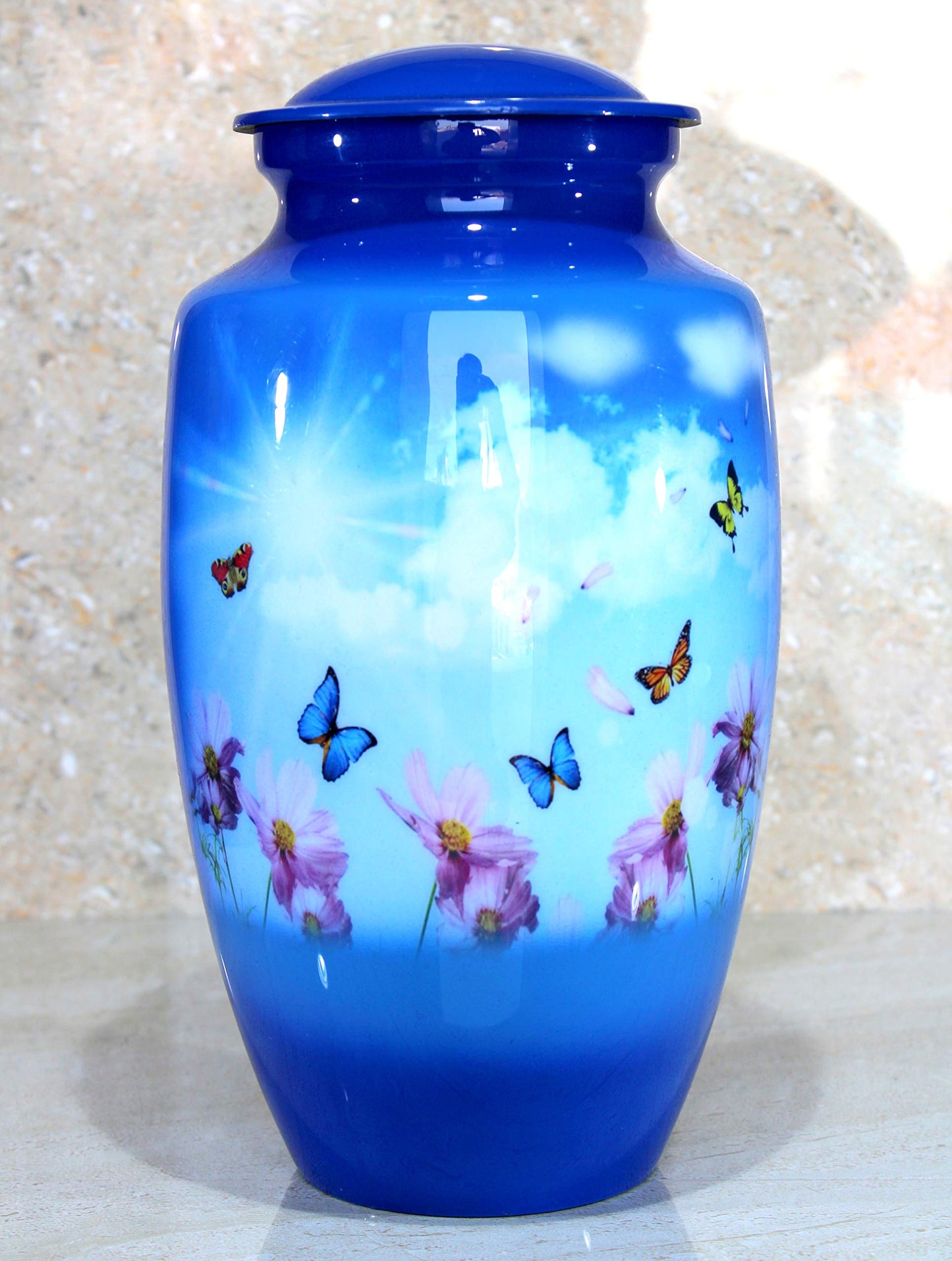 eSplanade Metal Cremation Urn Memorial Jar Pot Container | Full Size Urn for Funeral Ashes Burial | Colorful Butterflies Print | White - 10" Inches