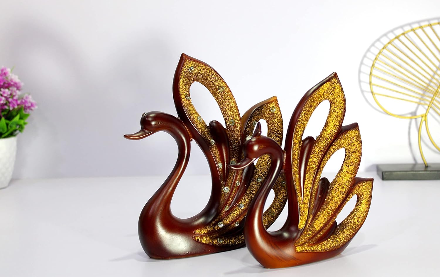 eSplanade Duck/Swan Pair - Set of 2 - Decorative Sculpture Showpiece | Decorative Items - Home Decor | Resin - 8.5" Inches - Brown