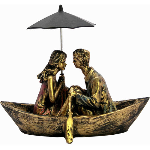 Esplanade Resin Love Couple with Umbrella on Boat Showpiece - Golden - 8.5