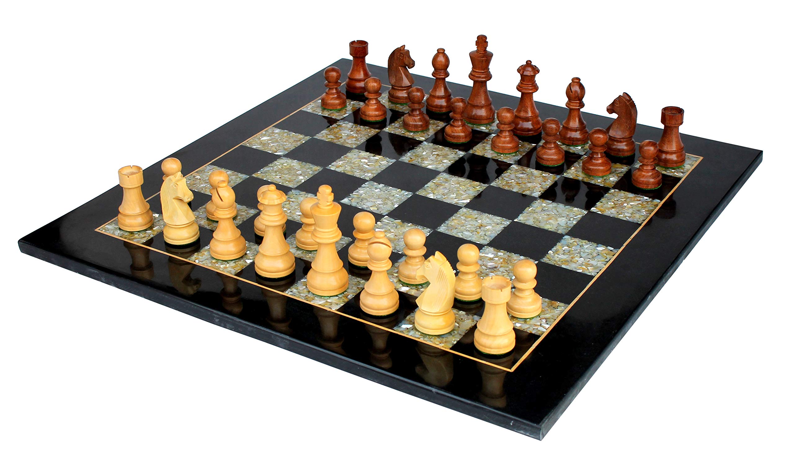 StonKraft Collectible Black Marble and (MOP) Mother of Pearl Chess Board Set with Wooden Chess Pieces (2 Extra Queens) - Home DŽcor - 21" Inches