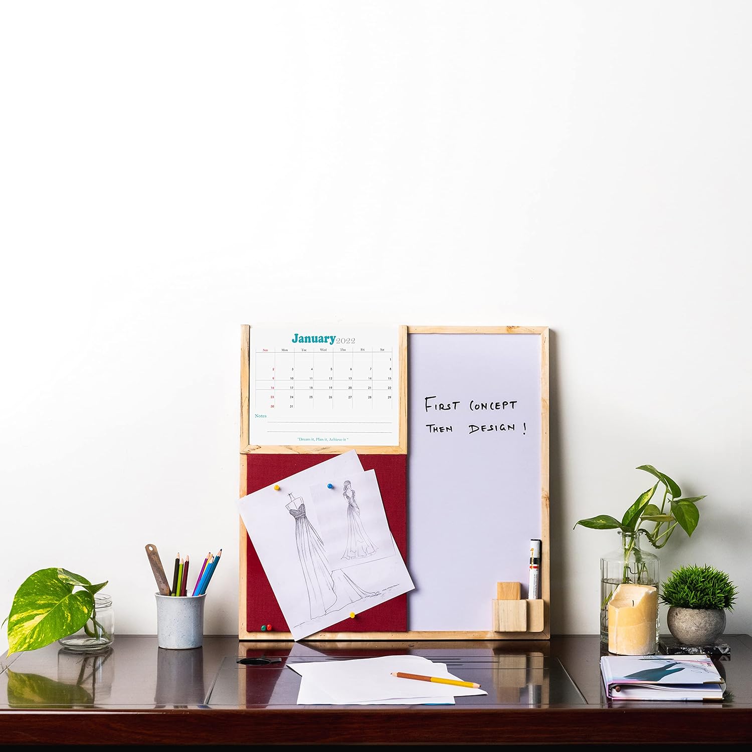 IVEI Combination Board with Planner, Pin Board & Whiteboard - Grey - Innovative Organizer for Kids and Adults to Do Boards – Best Gift for Home, Office, School- Grey, Wine