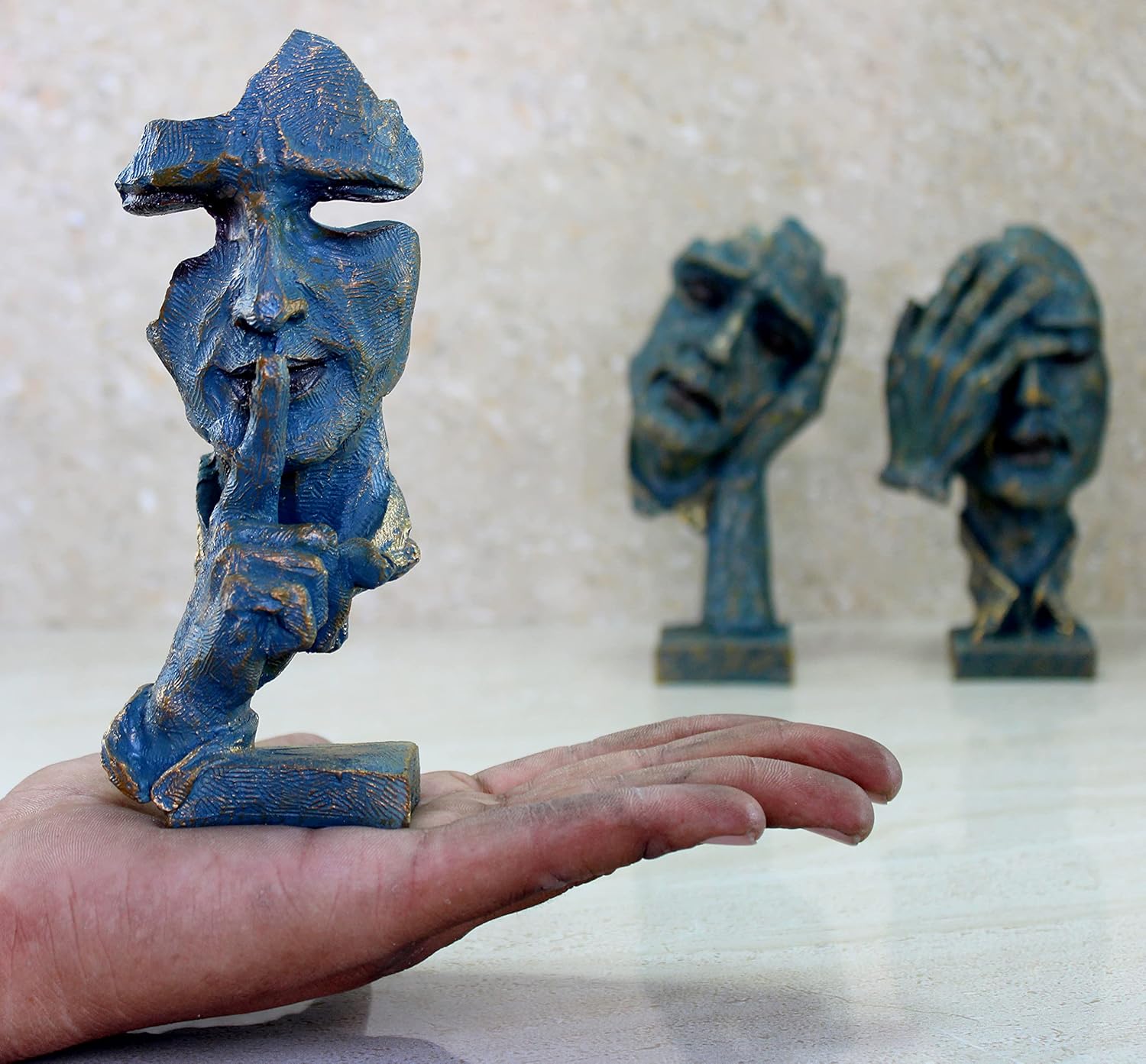 eSplanade Resin Human Faces - Zen Sculpture Showpiece | See No Evil, Hear No Evil, Speak No Evil | Face Expressions Statement Pieces | Home Decor | Set of 3 - Black-Golden - 8.5" Inches (Blue)