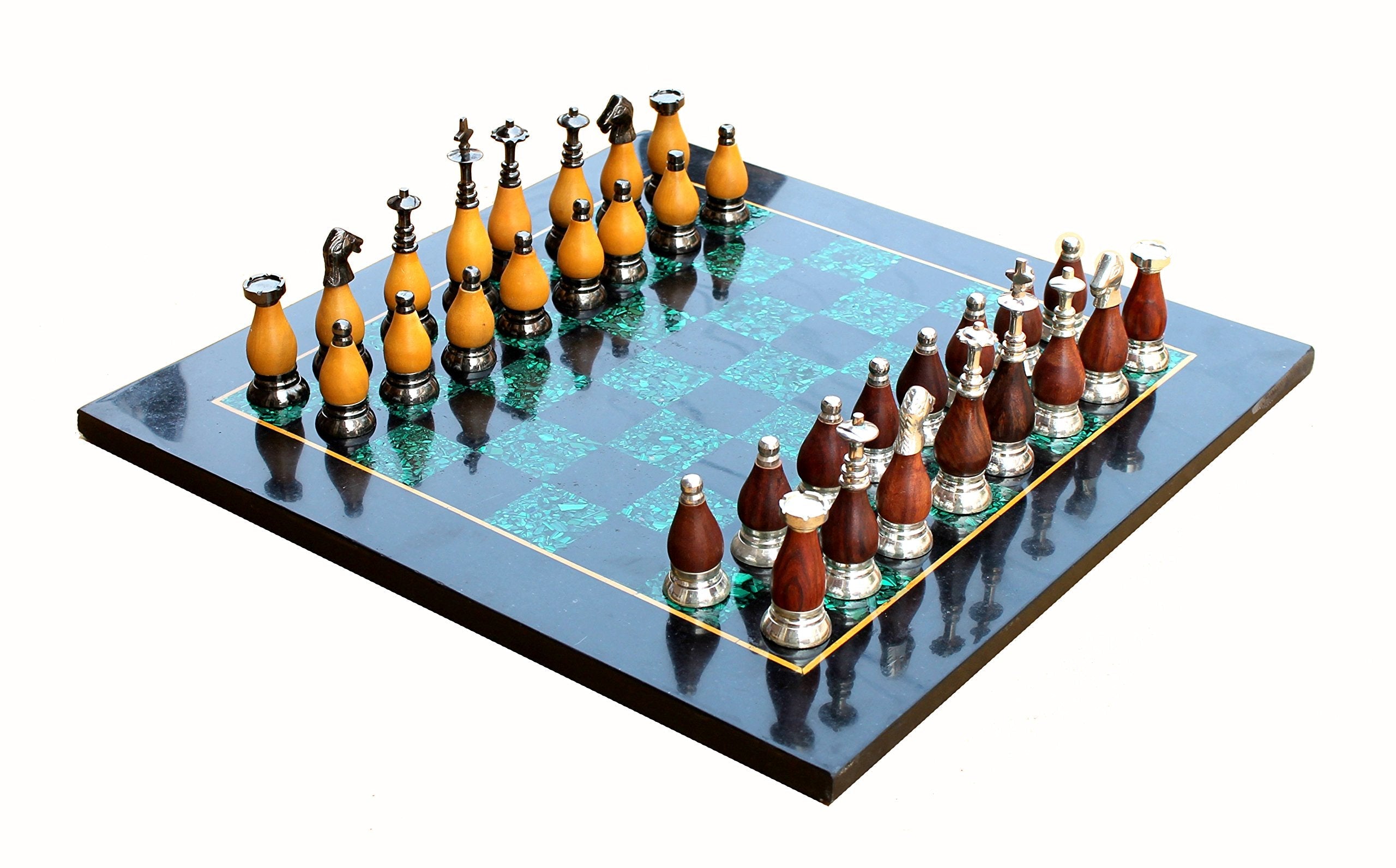 StonKraft Collectible Black Marble and Malachite Chess Board Set + Wooden Brass Combo Chess Pieces - Decorative Stone Chess - Home Decor