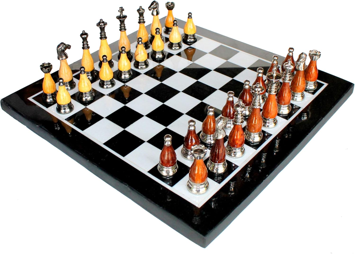 StonKraft Collectible Black & White Marble Chess Board Set + Brass Crafted Chess Pieces Pawns - Decorative Stone Chess - Home Decor - 15" Inches