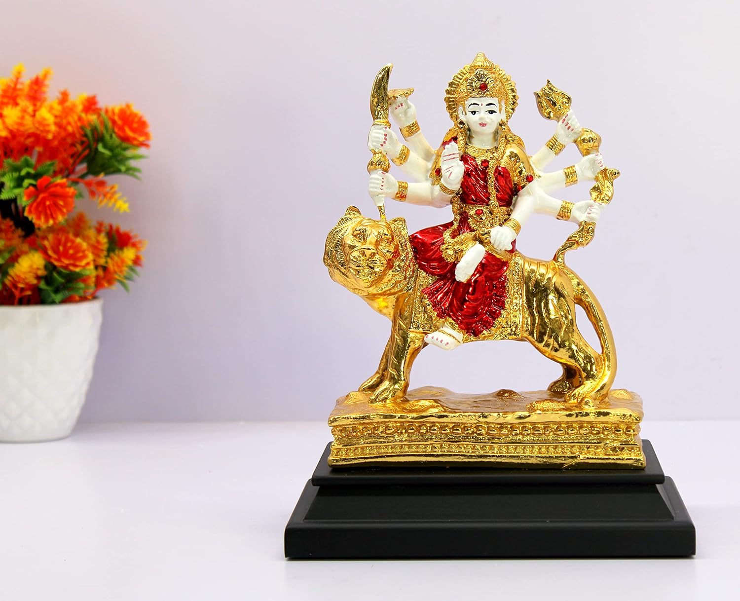 eSplanade Maa Durga Mata Rani Shera Wali Murti Idol Statue | Gold Foil Work on Sculpture | Pooja Idols - Home Decor | Decorative Accessories | Ceramic/Porcelain - 9" Inches - Multicolor