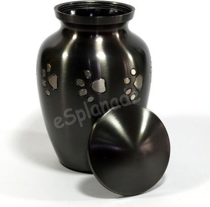 eSplanade Mini Cremation Urn Memorial Jar Pot Container | Small Keepsake for Funeral Ashes Burial | Silver Paws Printed Metal Keepsake | Black - 4.5" Inches