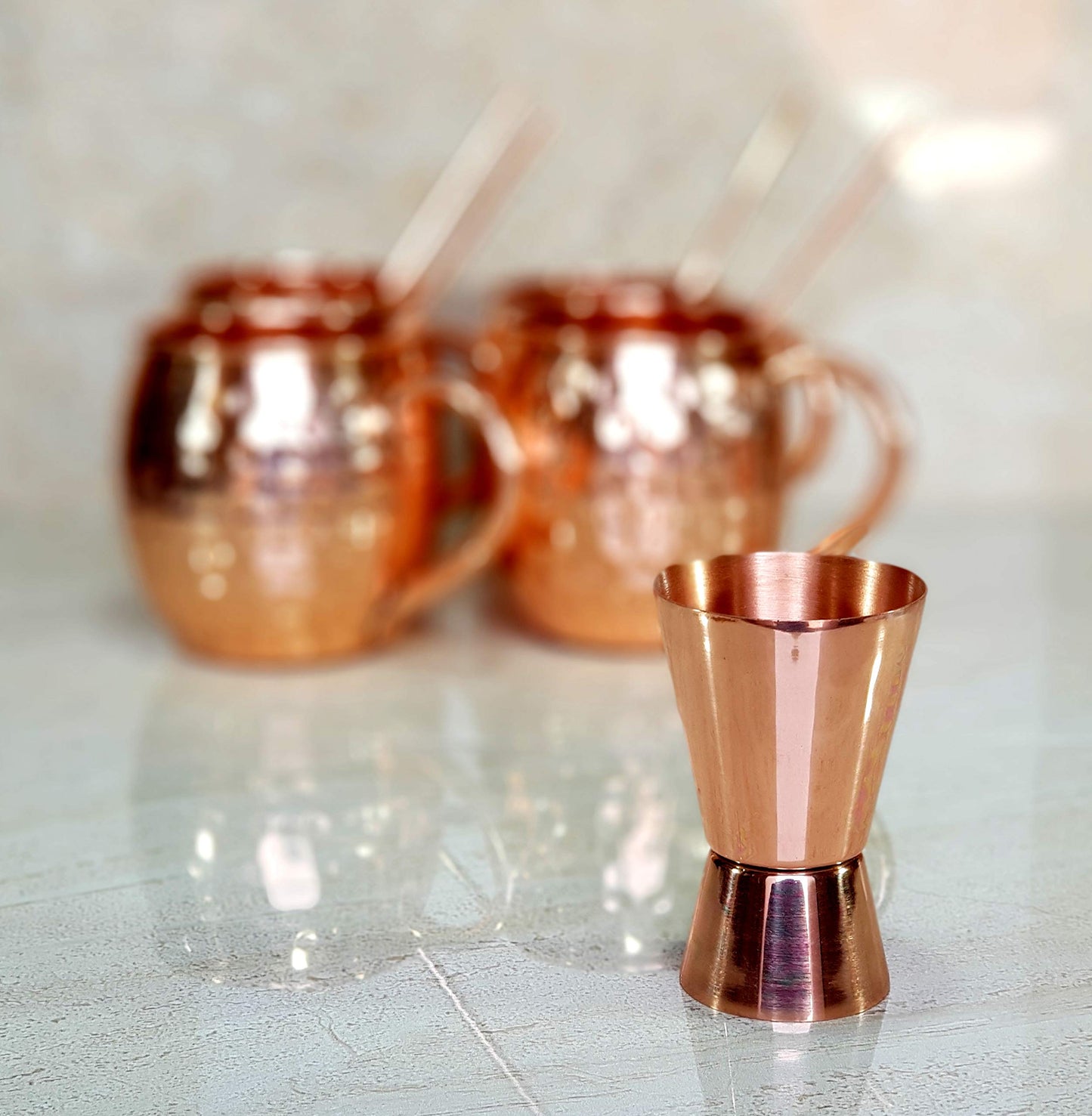 eSplanade Moscow Mule Cocktail Copper Mugs - Set of 4 Mugs, 4 Copper Straws, and a Peg Measurer (HAMMERED BRASS HANDLE)