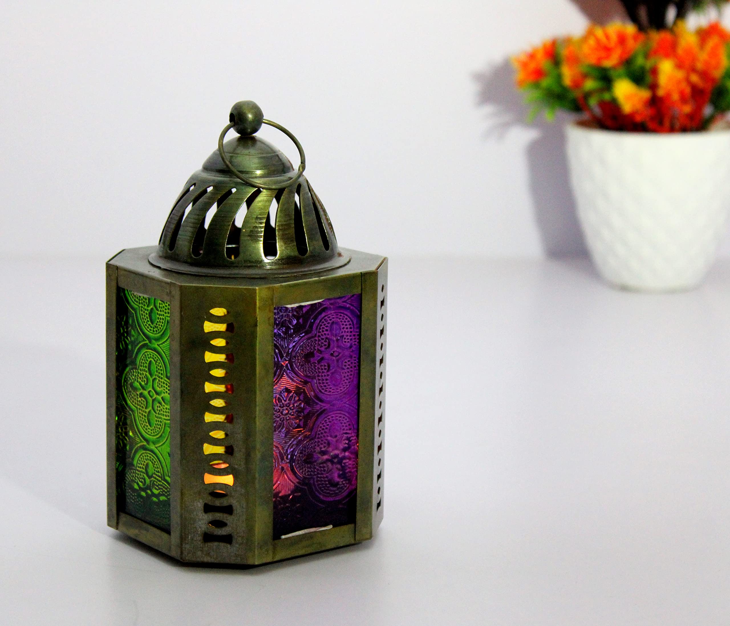 eSplanade Moroccan Lantern Metal Hanging Lamp with Glass Tealight Candle Holder - Set of 2-6" Inches - Golden (Golden & Multi- Black)