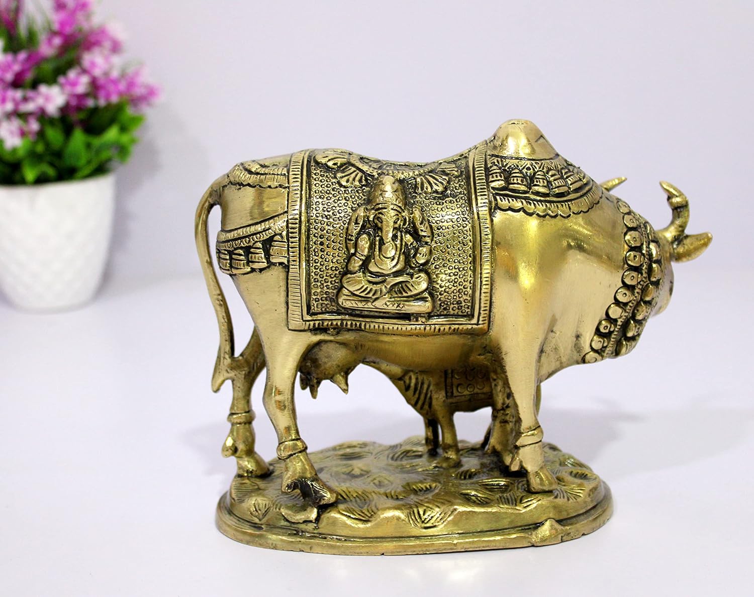 eSplanade Brass Holy Kamdhenu Kamadhenu Cow and Calf Sculpture - Lucky Figurine Idol Statue Sculpture- 6",5.5", 2.75"