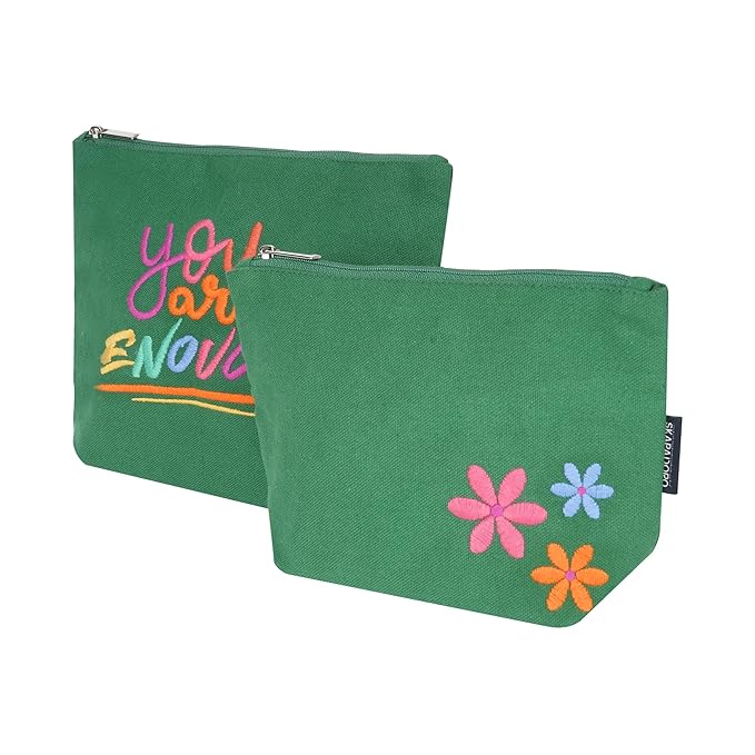 Skapadoro Travel Cosmetic Makeup Pouch Kit for Girls Women, Cotton with Waterproof Recycled Lining Set of 2 - Make-up Pouch, Toiletries Kit (Green)