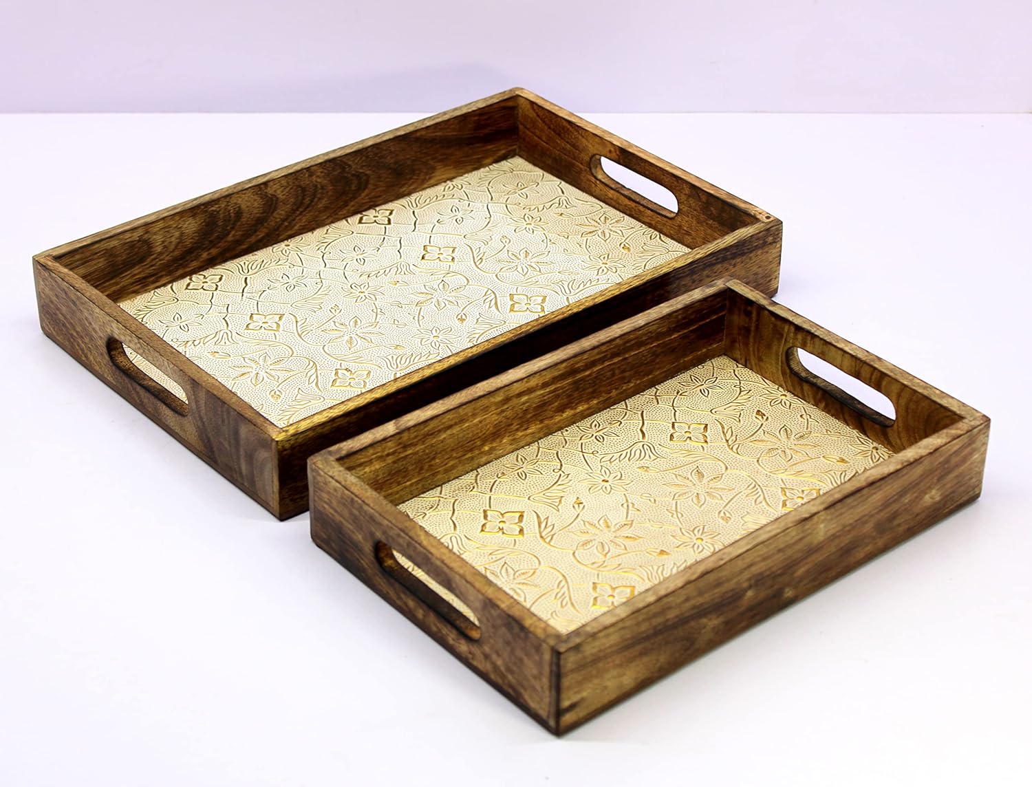 eSplanade KLEO Wooden Engraved Serving Tray - Set of 2 - Serveware Tableware - Wood with Foil Work - 14" Inches - Brown