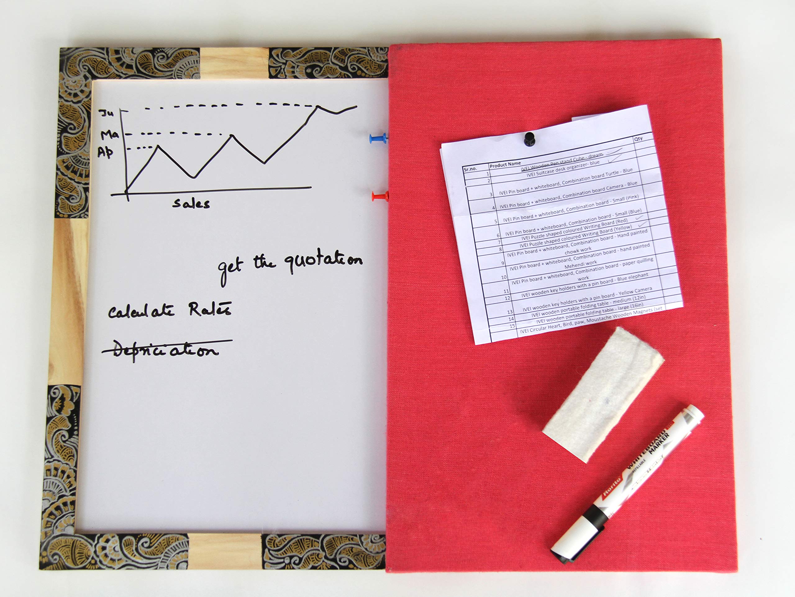 IVEI Pink pin Board and whiteboard Combination - Dry Erase Board - Bulletin Board - Innovative Organizer - Writing Board for Adults - with a Hand Painted Wooden Frame