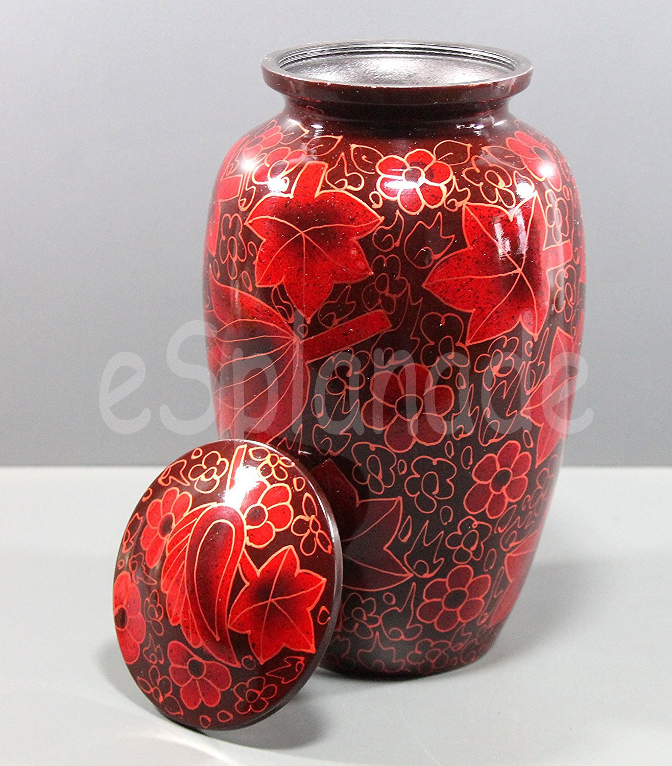 eSplanade Metal Cremation Urn Memorial Jar Pot Container | Full Size Round Shape Urn for Funeral Ashes Burial | Maple Leaves and Flowers Print | Brown - 8" Inches