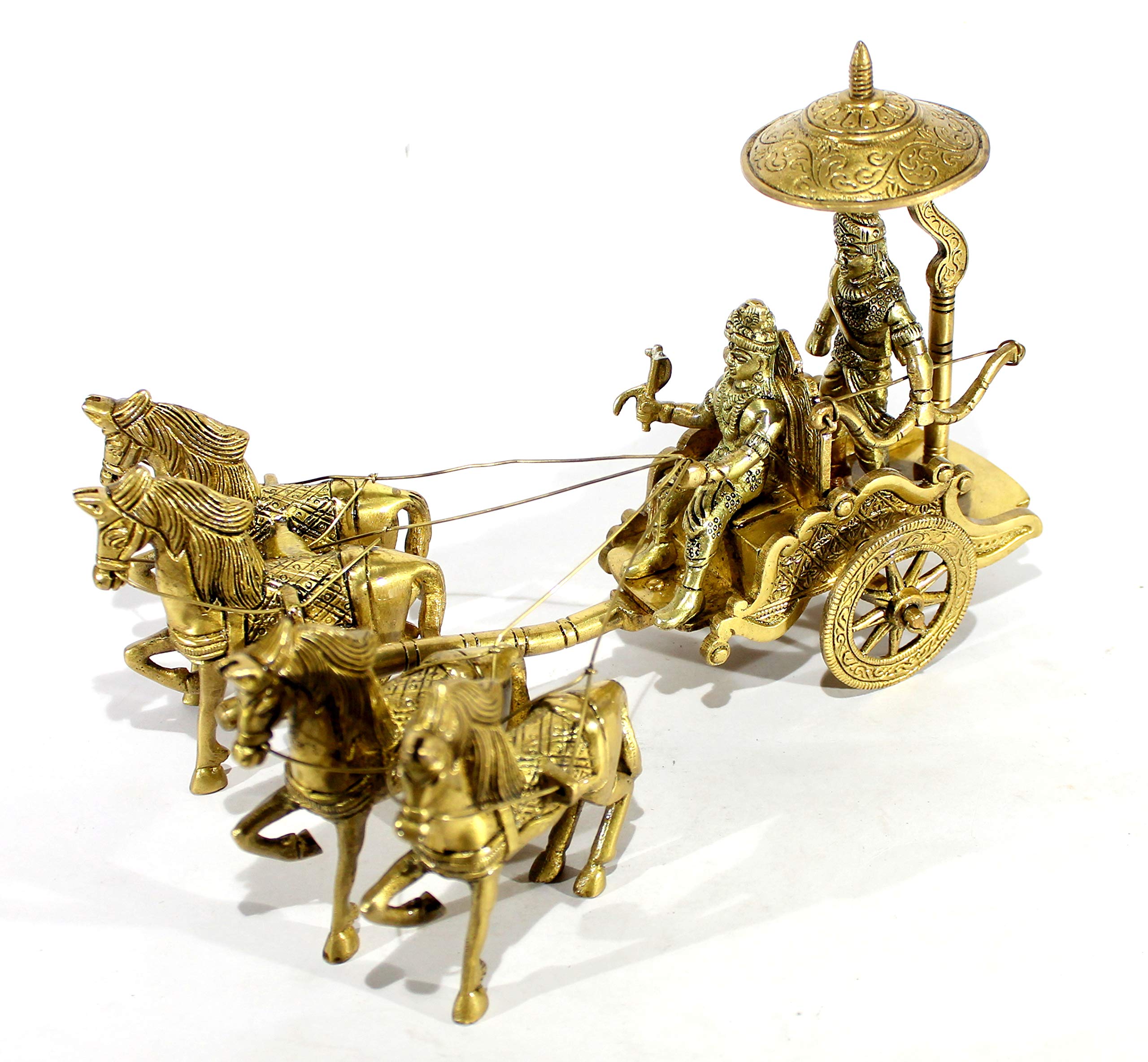eSplanade Brass Krishna Arjuna Rath Chariot Horses Showpiece | Home Decor | Krishna Arjun Updesh | Gita Saransh (2 & 4 Horse Rath)