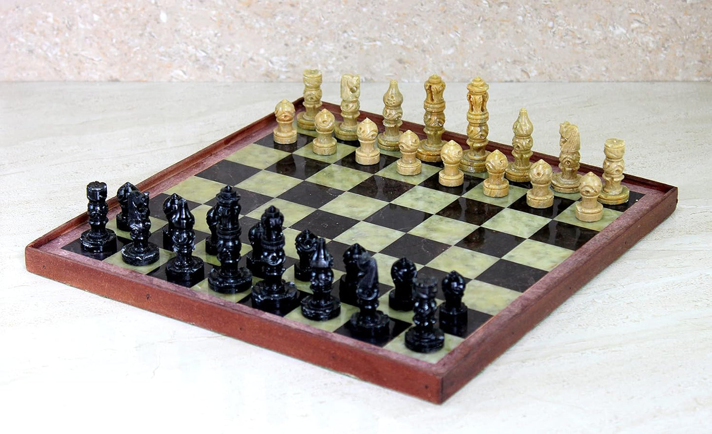 StonKraft Stone Chess Board with Wooden Base - Chess Game Board Set with Handcrafted Natural Stone Chess Pieces (12" x 12")