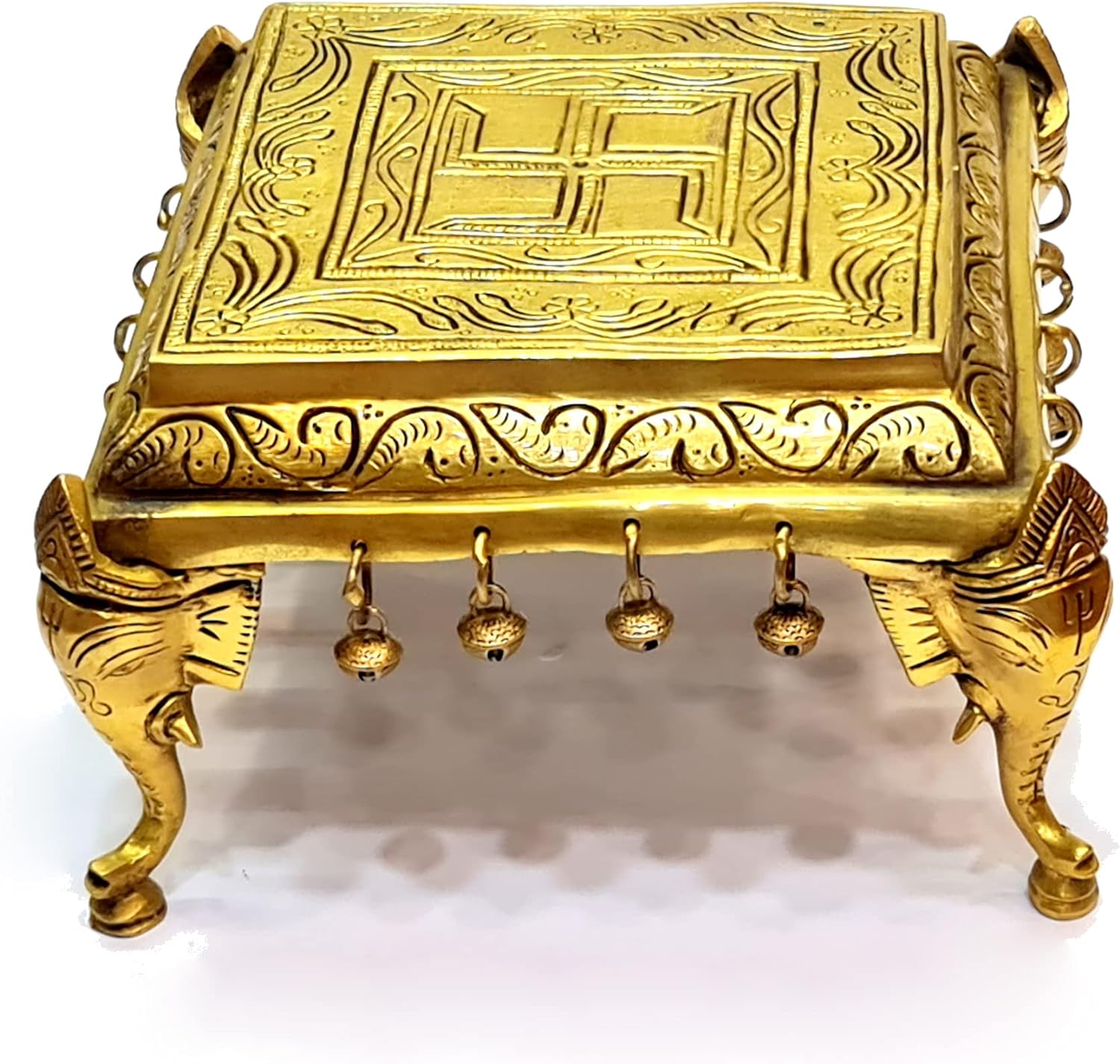 eSplanade Decorative Brass Mandir Chowki with Elephant Pillars & Ghungroo | Pooja God Stool (9" x 9" Inches)