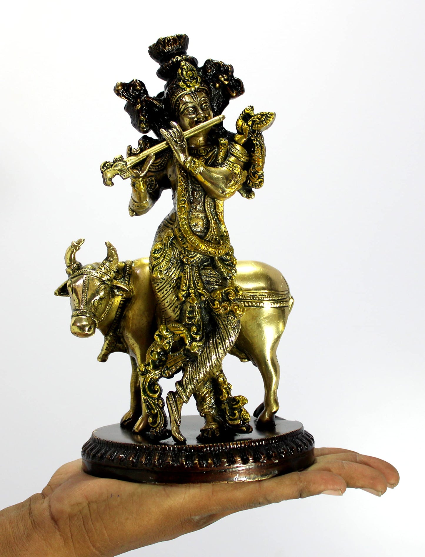 eSplanade Brass - Krishna with Cow Krishan Kishan Murti Idol Statue Sculpture | Pooja Idols | Home Decor -10" Inches - Golden Brown