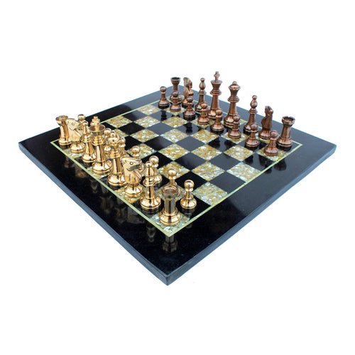StonKraft Collectiblck e Black Marble & (MOP) Mother of Pearl Chess Board Set + Brass Chess Pieces - Decorative Stone Chess - Home Decor - 15