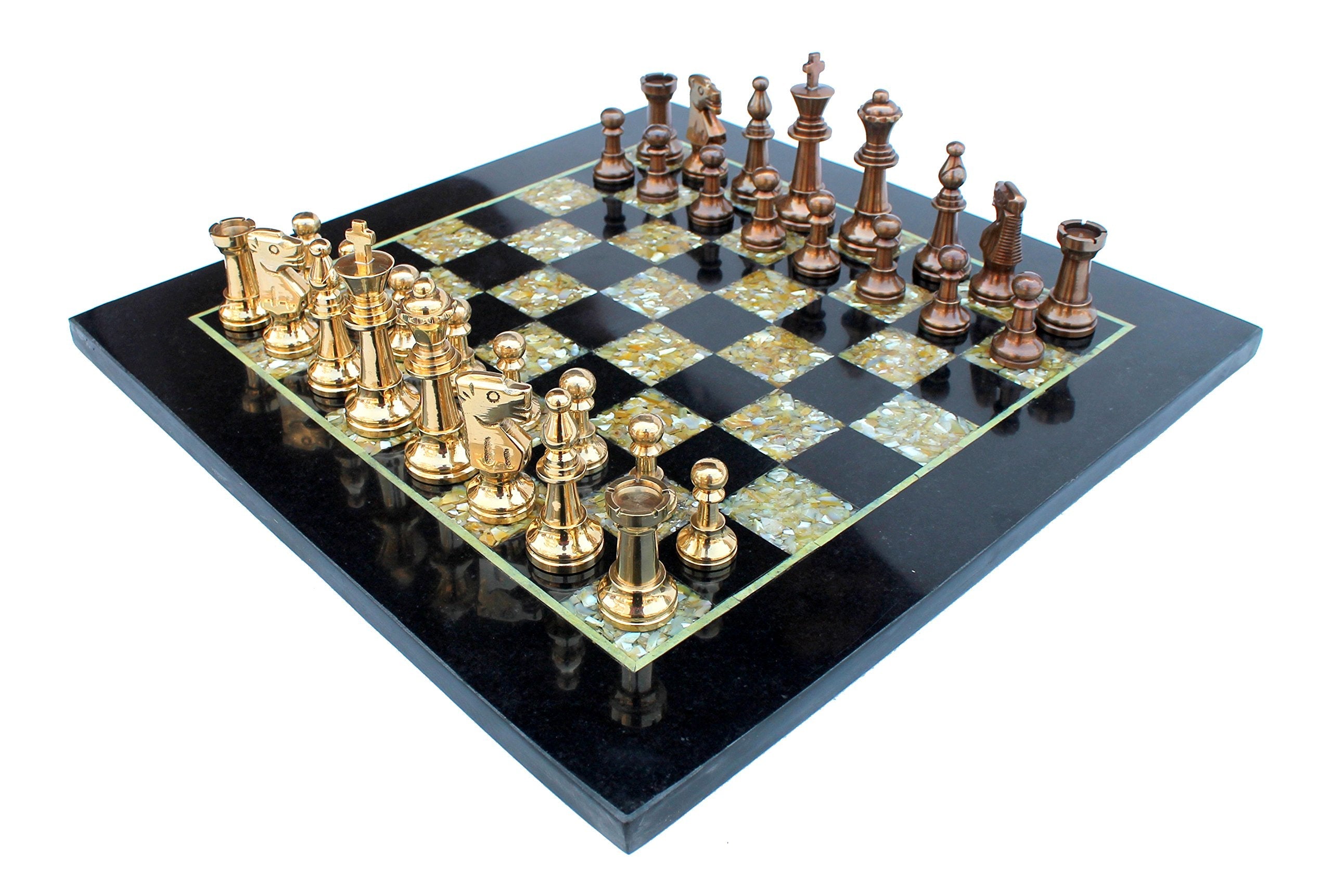 StonKraft Collectiblck e Black Marble & (MOP) Mother of Pearl Chess Board Set + Brass Chess Pieces - Decorative Stone Chess - Home Decor - 15" Inches