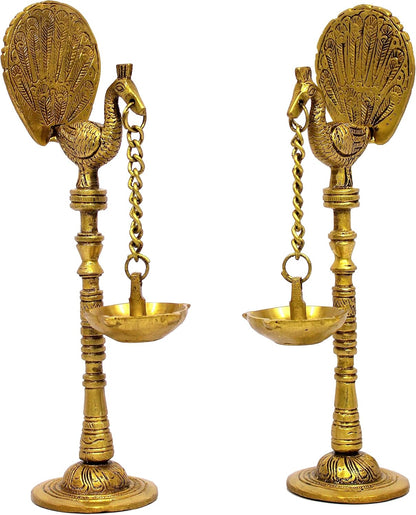 eSplanade Brass Peacock Diya Pair Oil Lamp Diya Deepam Kuthu Vilakku (Set of 2) for Temple Home | Pooja Articles - Home Decor | Golden - 9" Inches