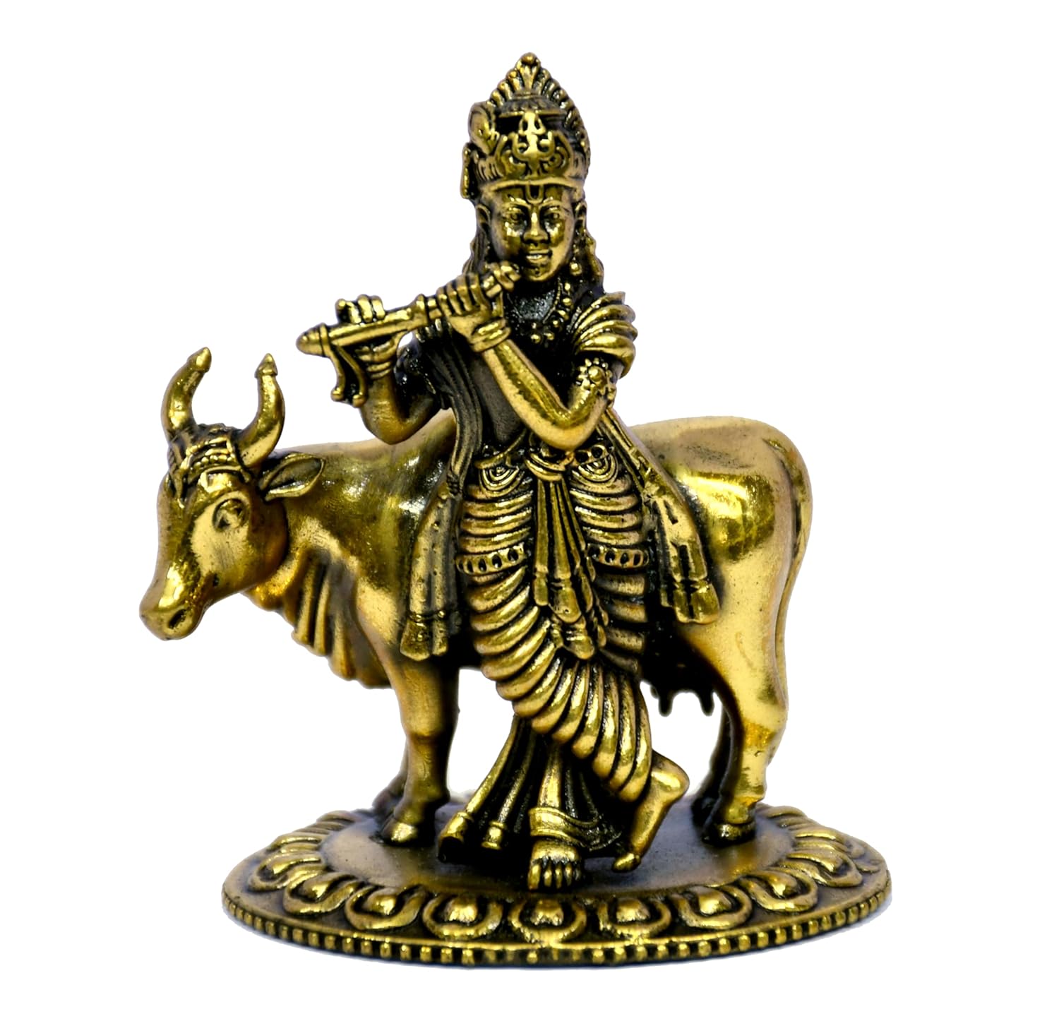 ESPLANADE Brass Krishna Statue, Krishan with Cow Murti, Kishan Krishna Idol Small, Hindu God Idols for Pooja Room, Mandir Decoration, Home Decoration Items for Living Room, Golden