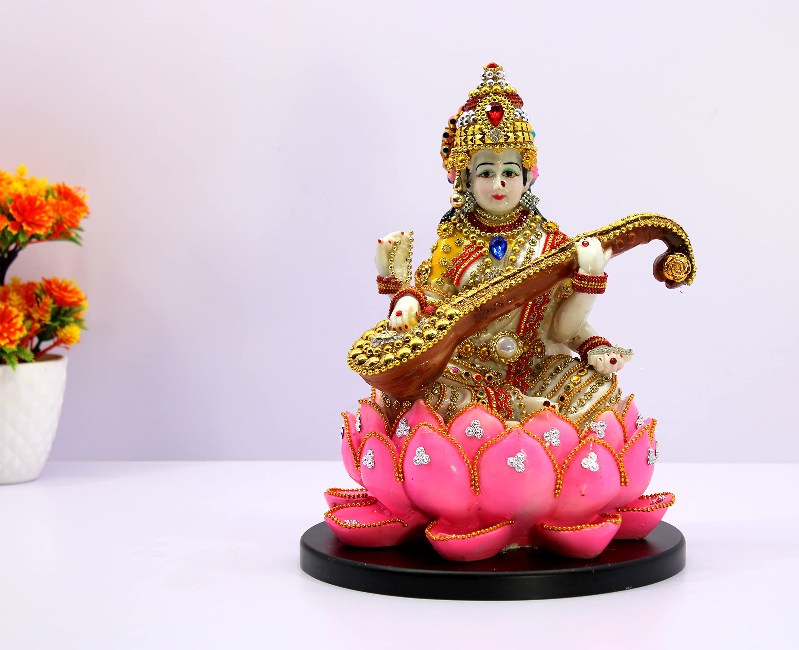 eSplanade Saraswati on Lotus | Saraswati Goddess Murti Idol Statue Sculpture Figurine - Resin - Multi - 10.5" & 7" Inches