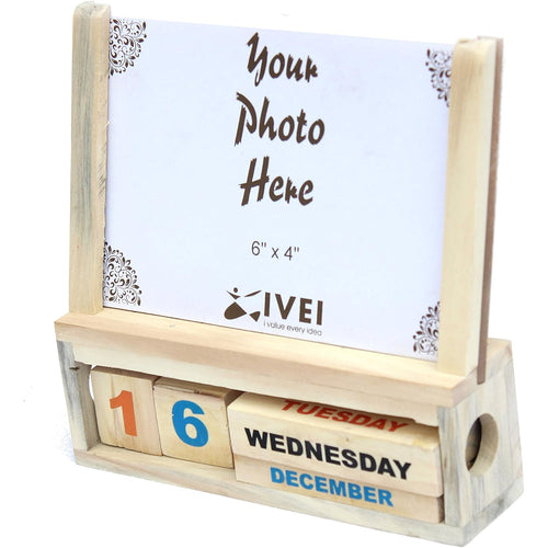 IVEI Generic Wooden Calendar With A Photo frame - handcrafted by rural artisans of India - - Innovative utility desk organizer - office products