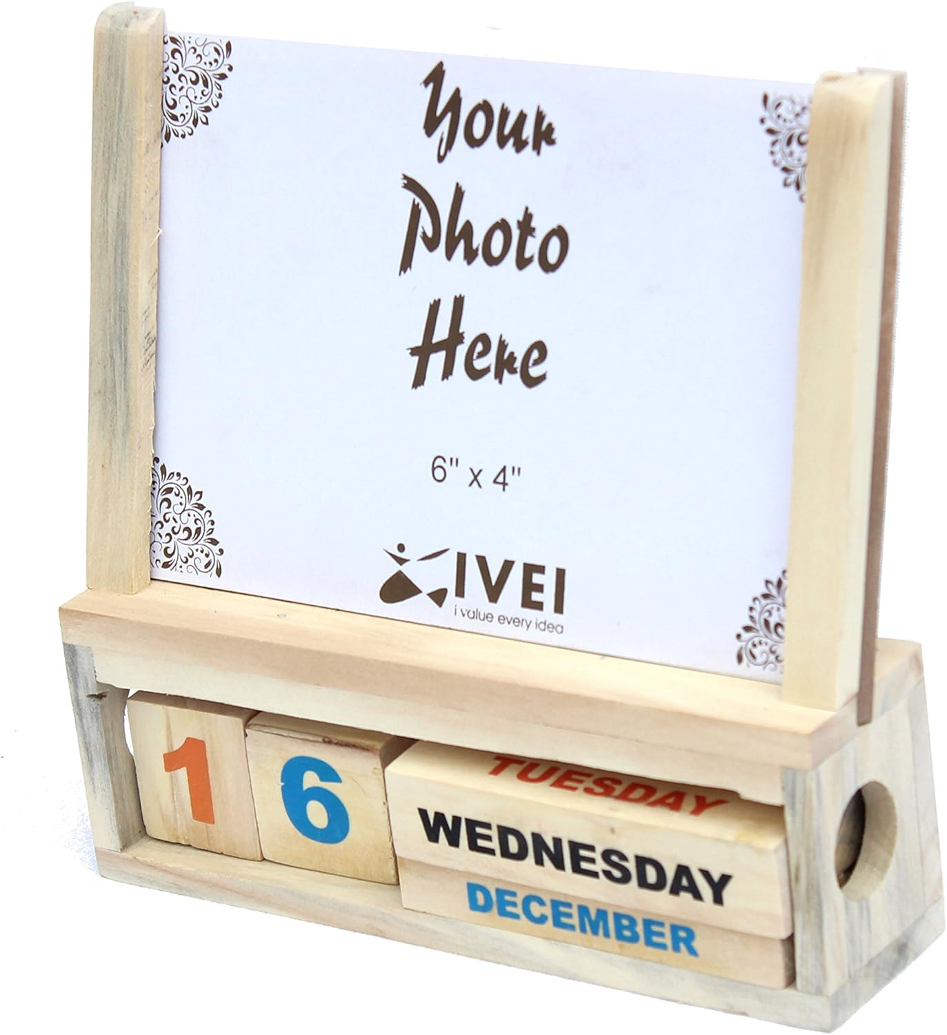 IVEI Generic Wooden Calendar With A Photo frame - handcrafted by rural artisans of India - - Innovative utility desk organizer - office products