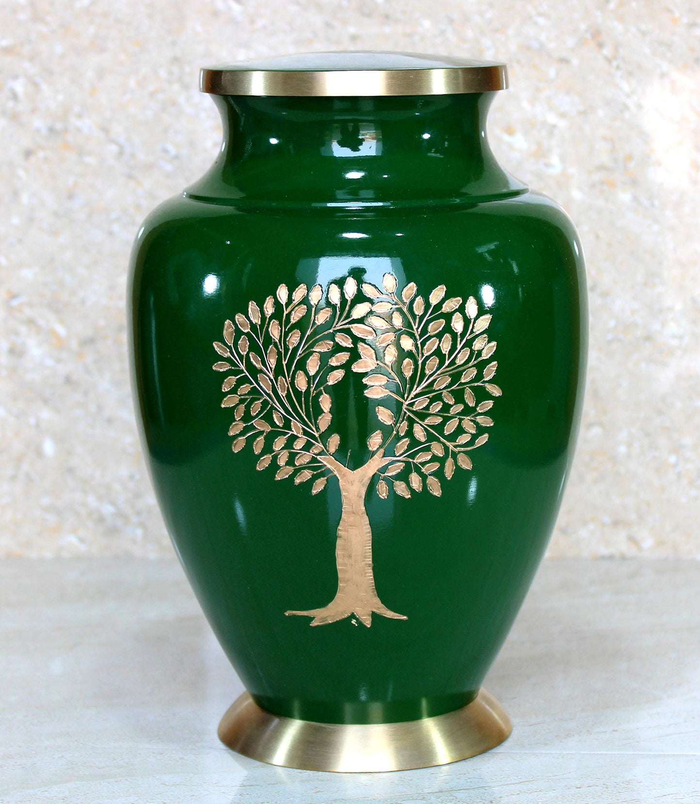 eSplanade Brass Cremation Urn Memorial Jar Pot Container | Full Size Urn for Funeral Ashes Burial | Tree Engraved Metal Urn | Green - 10" Inches