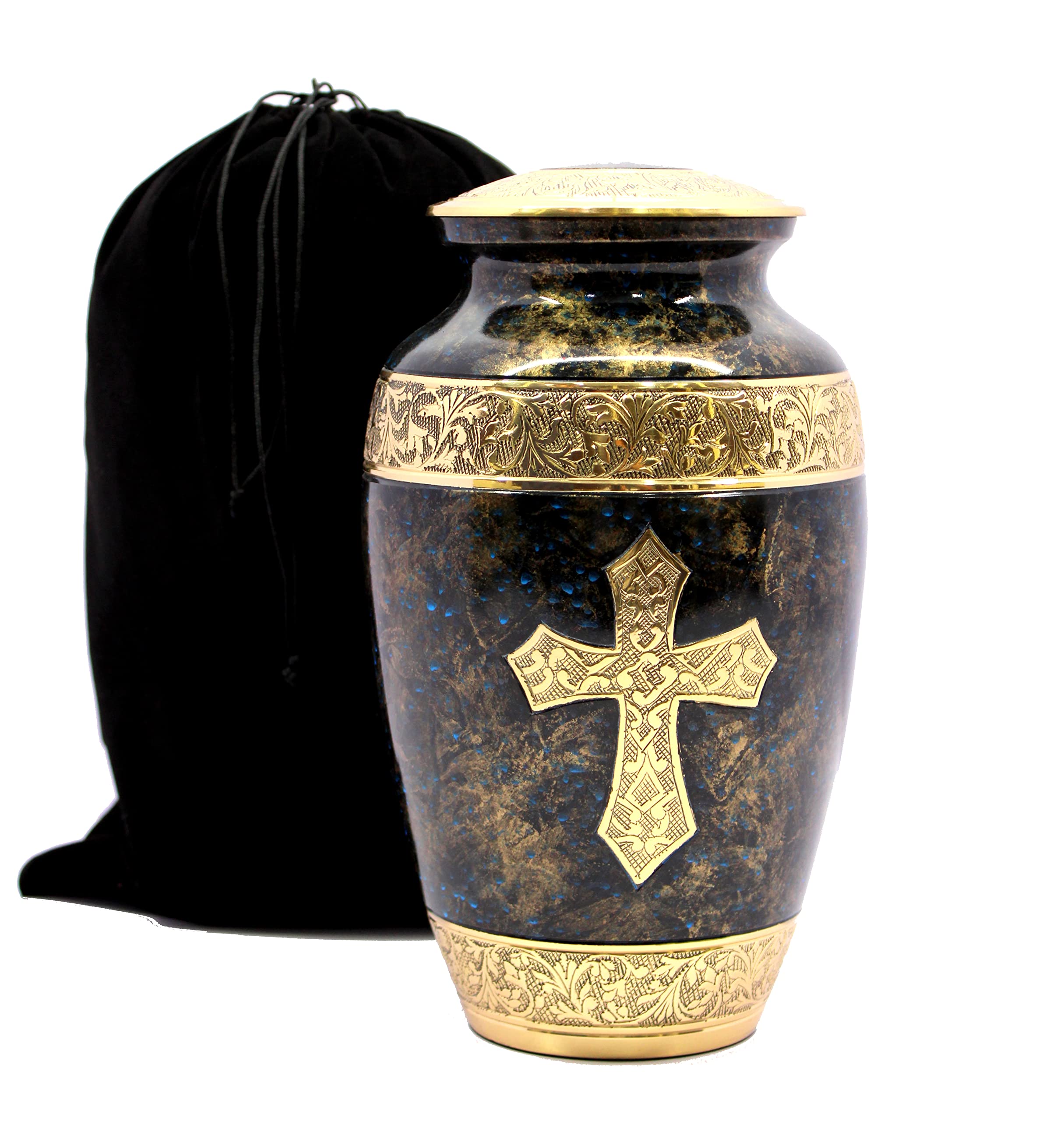 eSplanade Brass Cremation Urn Memorial Jar Pot Container | Full Size Urn for Funeral Ashes Burial | Holy Cross Printed Urn | Black - 10" Inches