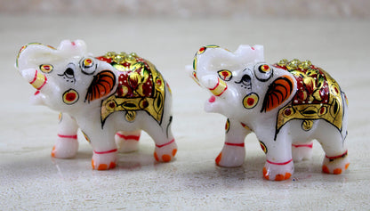 eSplanade Marble Elephant Family - Set of 2 - Sculpture Showpiece Figurines - Home Decor - White Multi - 5" Inches