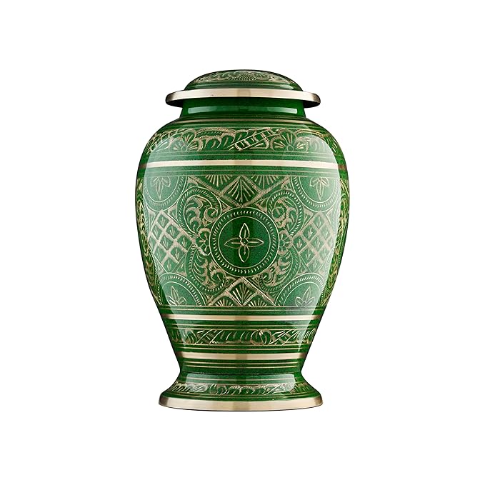 Esplanade Brass Urn for Ashes Adult Male Female – 10" Cremation Urn for Human Ashes, Full Size Large Urn, Engraved Geometric Floral Green Colour, Funeral Vase with Velvet Bag - for 80kg Adult